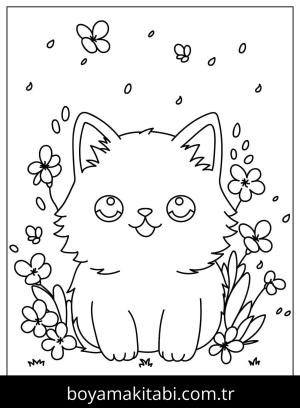 Yavru Kedi boyama sayfası,  coloring page, , Kitten Love Flowers