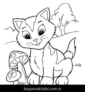 Yavru Kedi boyama sayfası,  coloring page, , Kitten Next To Mushrooms