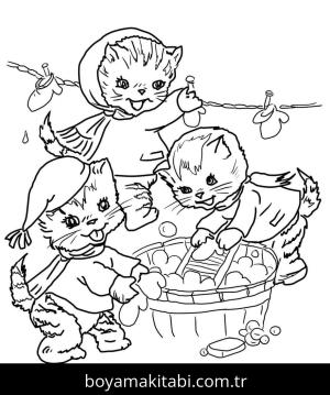 Yavru Kedi boyama sayfası,  coloring page, , Kittens Washing And Drying Clothes
