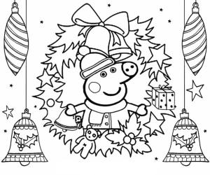 Yeni Yıl boyama sayfası,  coloring page, Noel çelenginde domuz Peppa, 