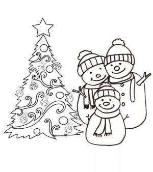 Yeni Yıl boyama sayfası,  coloring page, Noel ağacının altında toplanmış bir kardan adam ailesi, 