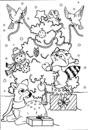 Yeni Yıl boyama sayfası,  coloring page, Orman hayvanları ve Noel ağacı, 