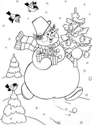 Yeni Yıl boyama sayfası,  coloring page, Kardan adam hediyelerle ziyarete koşuyor, 