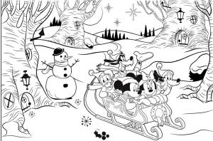 Yeni Yıl boyama sayfası,  coloring page, Mickey Mouse arkadaşlarıyla kızakla kayıyor, 