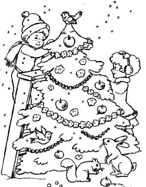 Yeni Yıl boyama sayfası,  coloring page, Çocuklar Noel ağacını süslüyor, 