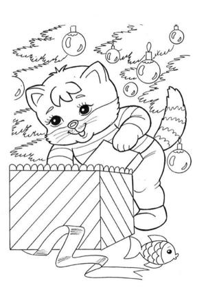 Yeni Yıl boyama sayfası,  coloring page, Kedi ve hediye, 