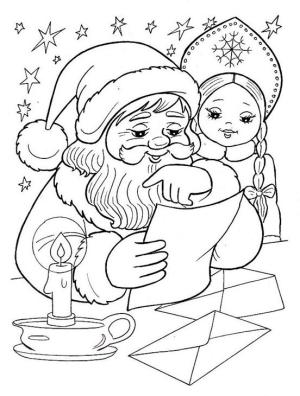 Yeni Yıl boyama sayfası,  coloring page, Noel Baba mektupları okuyor, 