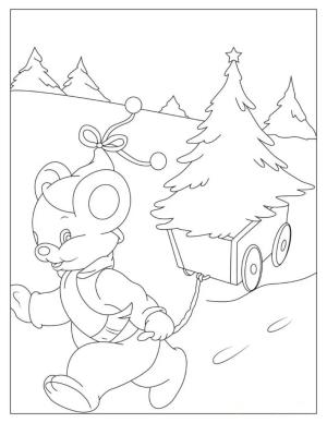 Yılbaşı boyama sayfası,  coloring page, Çizim Ayısı bir Çam Ağacı taşıyor, 