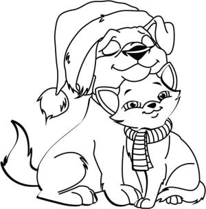 Yılbaşı boyama sayfası,  coloring page, Noel’de Köpek ve Kedi, 