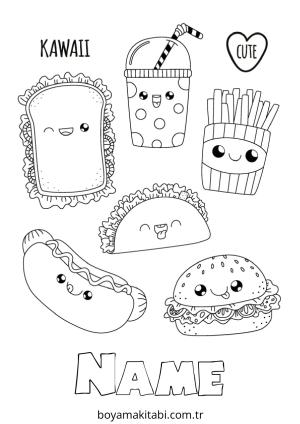 Yiyecekler boyama sayfası – çocuk aktivitesi, PDF indir