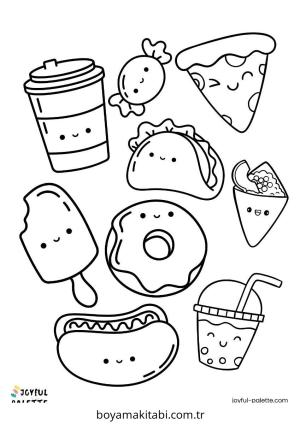Yiyecekler boyama sayfası – sevimli karakter, sanatsal çalışma