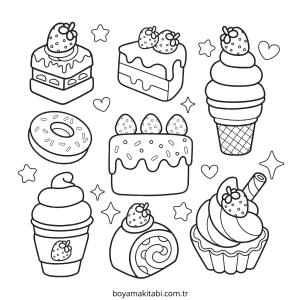 Yiyecekler boyama sayfası – eğlenceli etkinlik, el becerilerini geliştirir