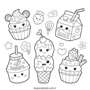 Yiyecekler boyama sayfası – çocuk aktivitesi, PDF indir