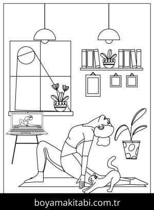 Yoga boyama sayfası,  coloring page, , Girl Practicing Yoga At Home With Cat