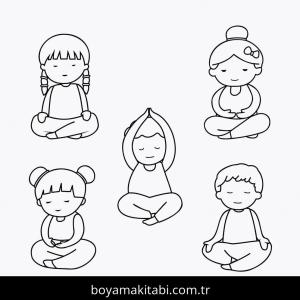Yoga boyama sayfası,  coloring page, , Bundle Meditation Yoga Cartoon Doodle Line Art Meditating Children Collection
