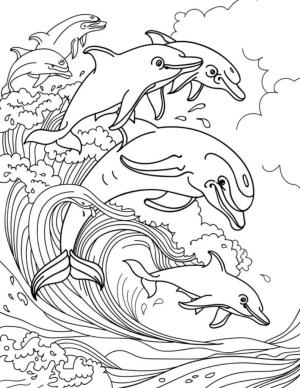 Yunus boyama sayfası, Dolphins coloring page, Denize Atlayan Altı Yunus, 