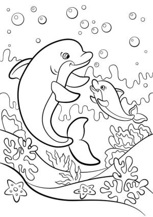 Yunus boyama sayfası, Dolphins coloring page, Denizde Anne Yunus ve Yavru Yunus, 