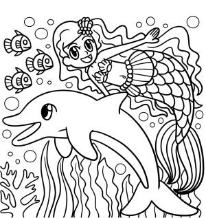 Yunus boyama sayfası, Dolphins coloring page, Yunus ve Balıklarla Deniz Kızı, 