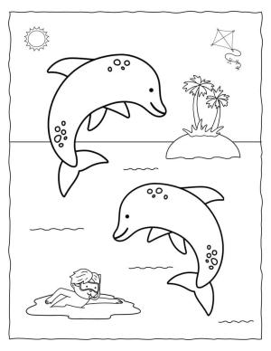 Yunus boyama sayfası, Dolphins coloring page, Çocuk Yüzme ile Zıplayan İki Yunus, 