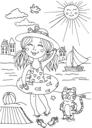 Yüzme boyama sayfası,  coloring page, Gülümseyen Kız ve Kedi Denizde Yüzmek, 