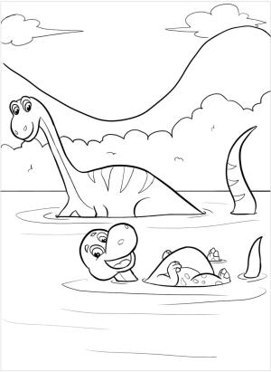 Yüzme boyama sayfası,  coloring page, Dinozor ve Bebek Dinozor Yüzme, 