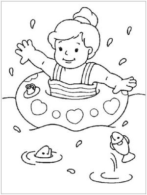 Yüzme boyama sayfası,  coloring page, Küçük Kız Balıklarla Sahilde Yüzme, 