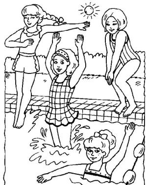 Yüzme boyama sayfası,  coloring page, Yüzme Havuzunda Dört Kız, 