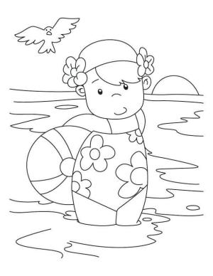 Yüzme boyama sayfası,  coloring page, Sahilde Yüzme Küçük Kız, 