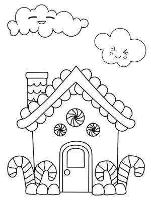 Zencefilli Kurabiye Evi boyama sayfası,  coloring page, İki Kabarık Bulutlu Zencefilli Kurabiye Evi, 