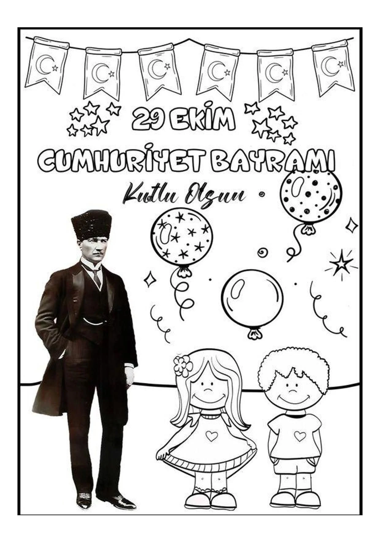 Cumhuriyet Bayramı boyama sayfası – renkli çizimler, okul öncesi
