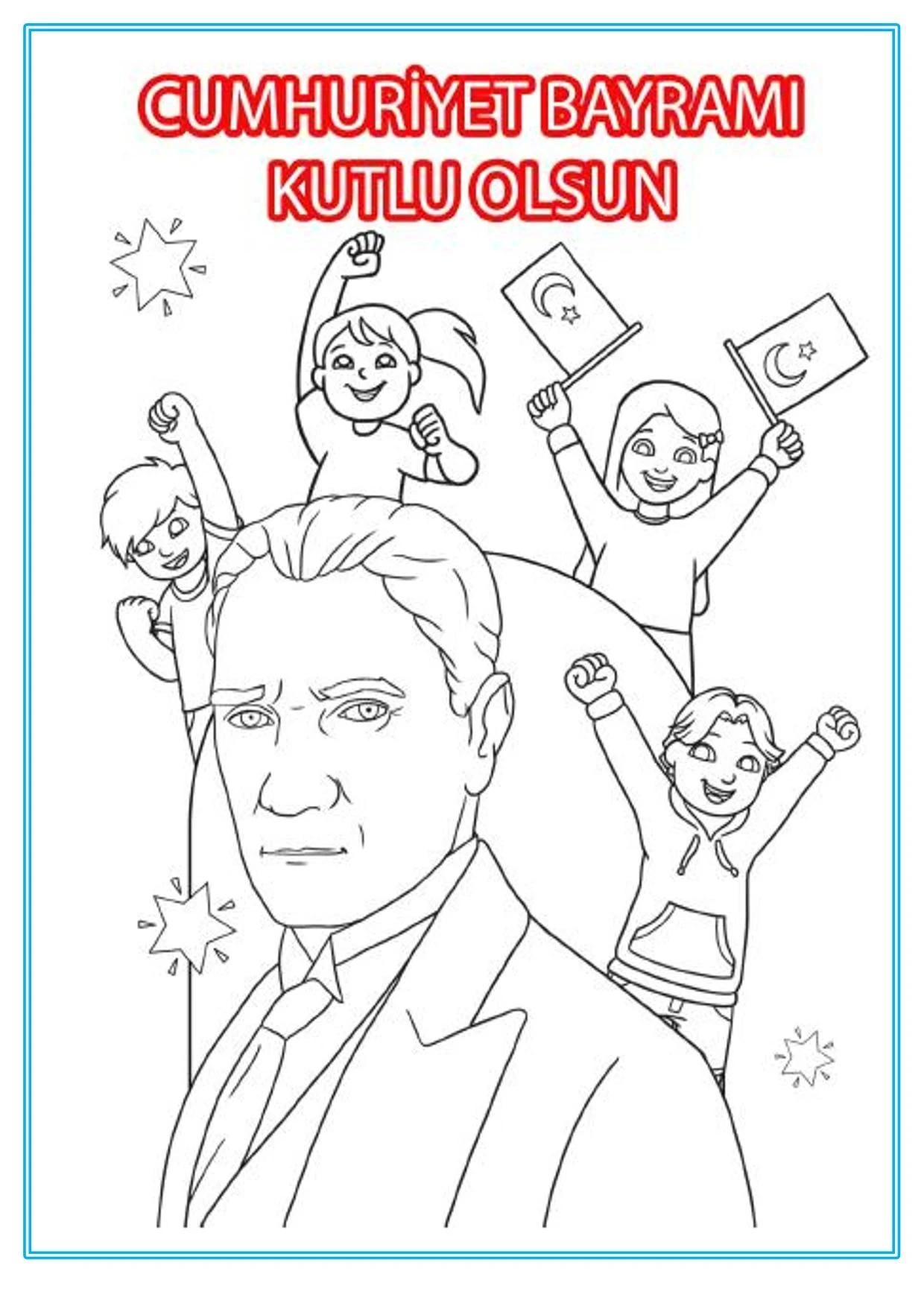 Cumhuriyet Bayramı boyama sayfası – PDF indir, sevimli karakter