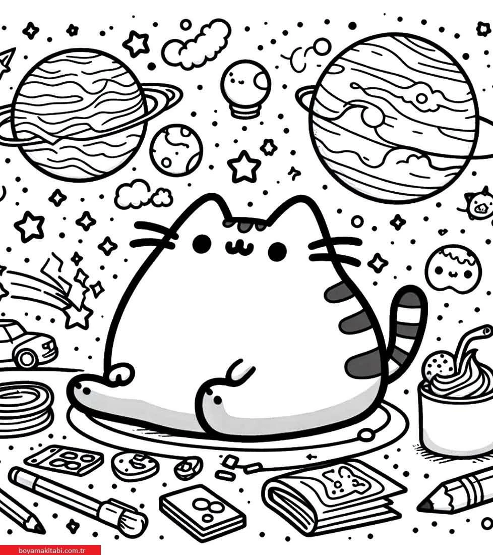 Pusheen boyama sayfası – PDF indir, sevimli karakter