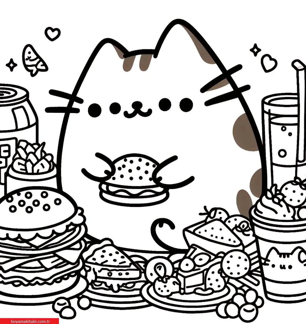 Pusheen boyama sayfası – sevimli karakter, sanatsal çalışma
