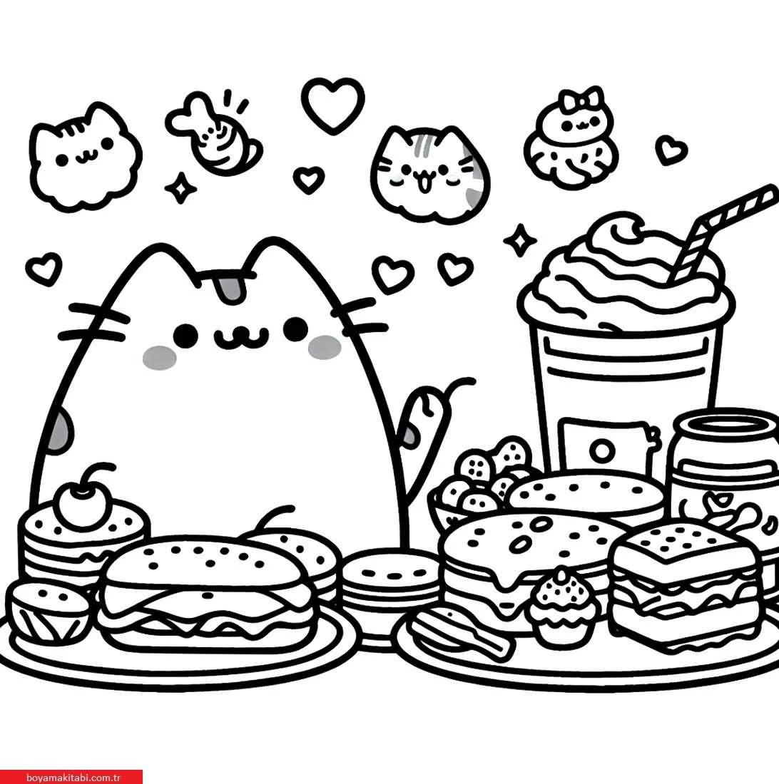 Pusheen boyama sayfası – çizgi film temalı, basit çizim