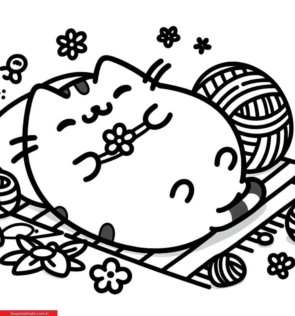 Pusheen boyama sayfası – çocuk aktivitesi, PDF indir