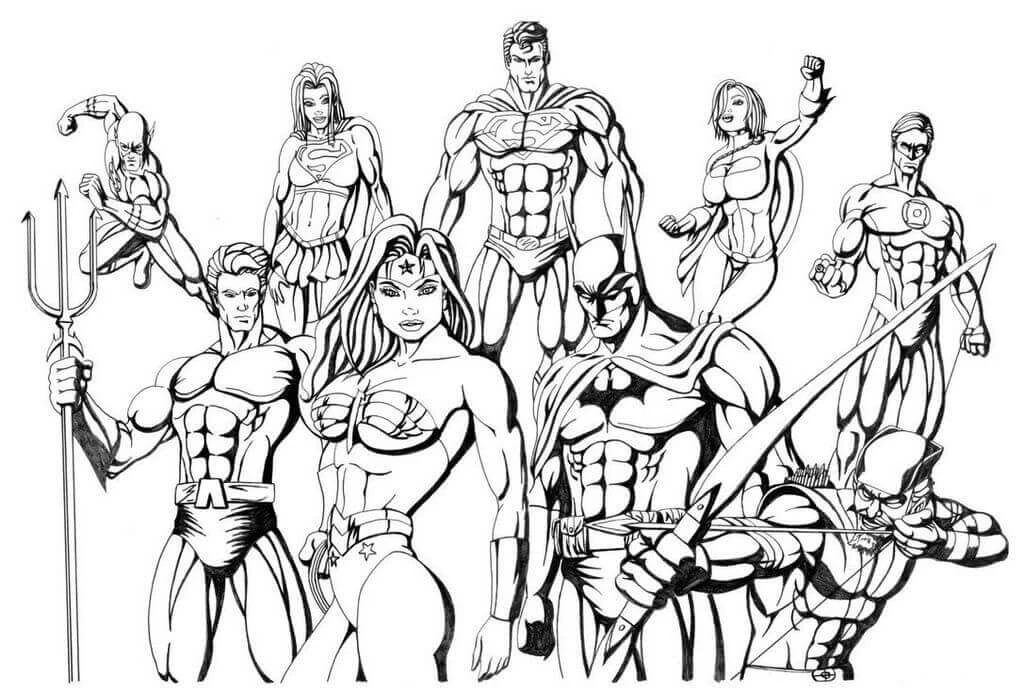 Adalet Birliği (Justice League) boyama sayfası – çizgi film temalı, basit çizim