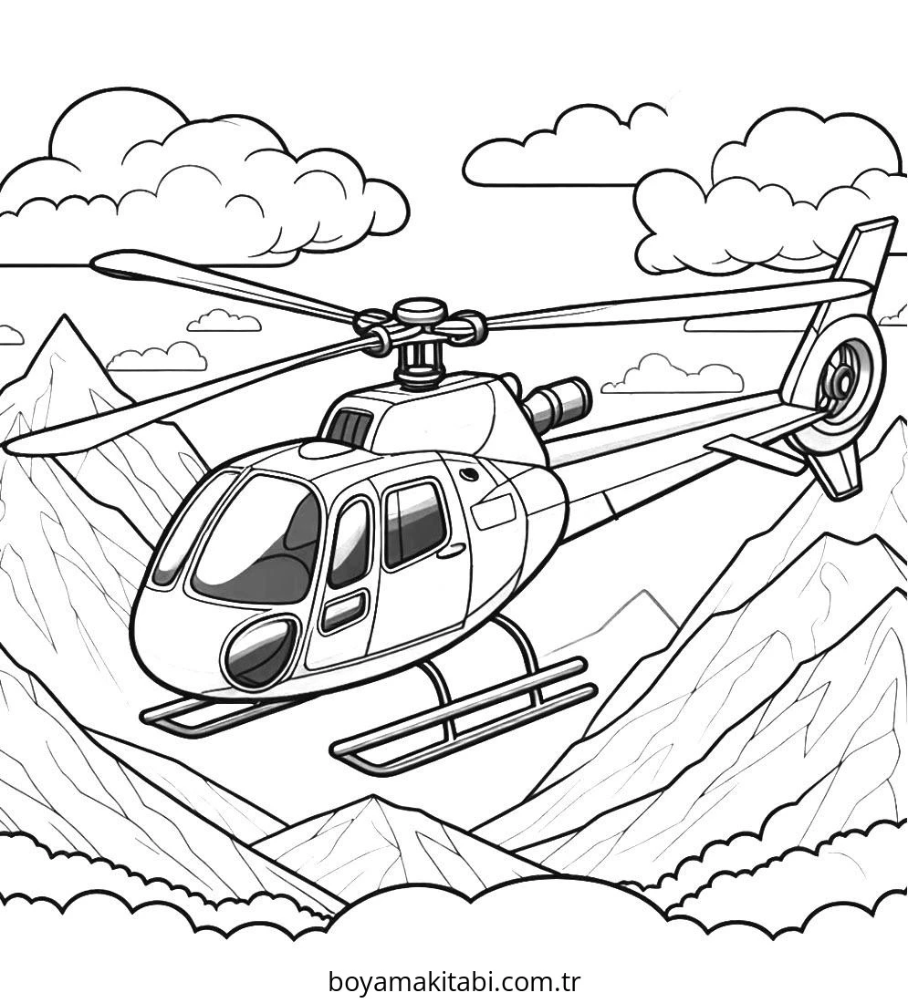 Helikopter boyama sayfası – PDF indir, sevimli karakter