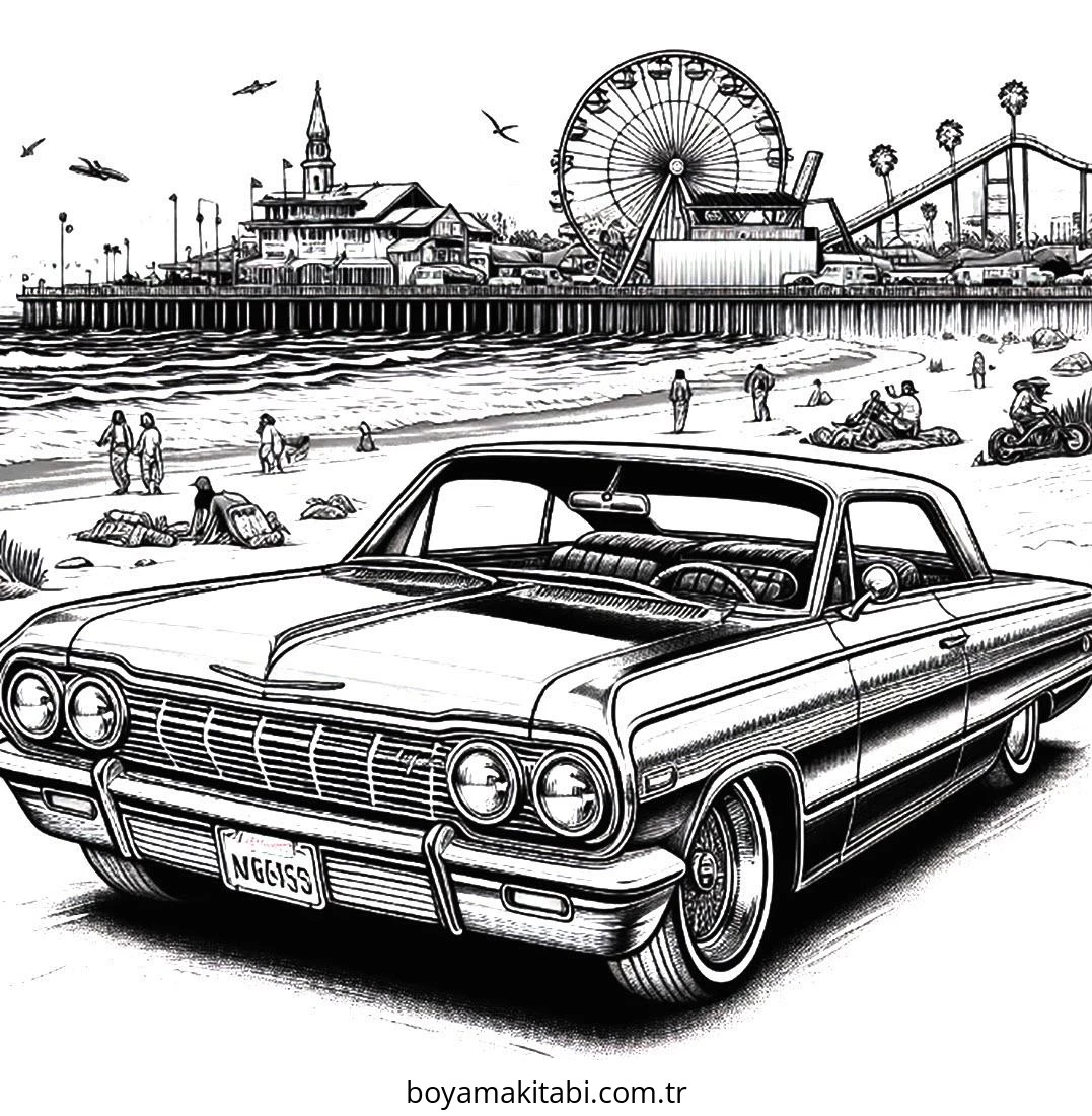 Lowrider boyama sayfası – sevimli karakter, sanatsal çalışma
