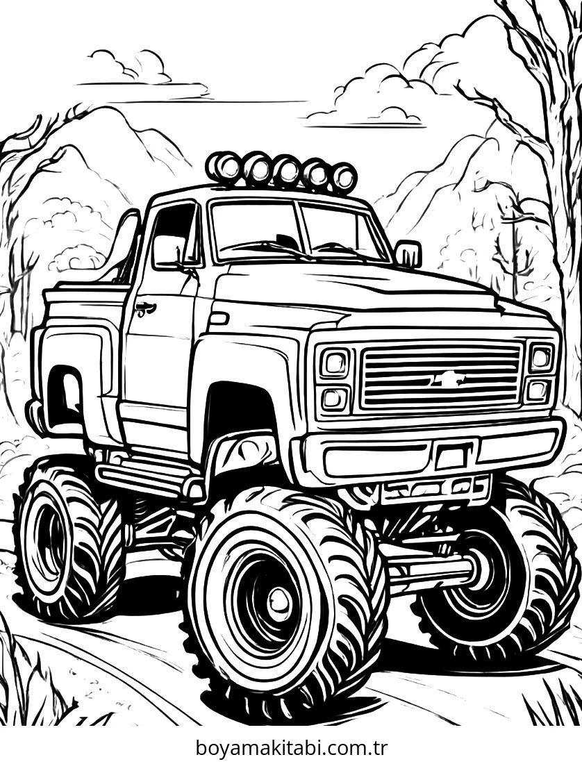 Monster Truck boyama sayfası – keyifli zaman, renkli çizimler