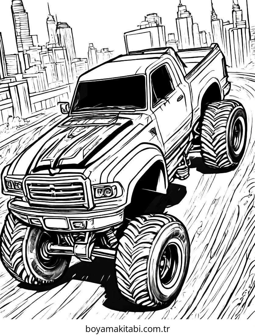 Monster Truck boyama sayfası – çocuk aktivitesi, PDF indir