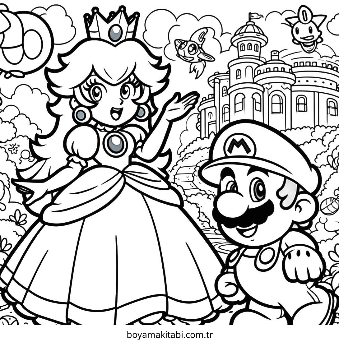 Prenses Peach boyama sayfası – keyifli zaman, renkli çizimler