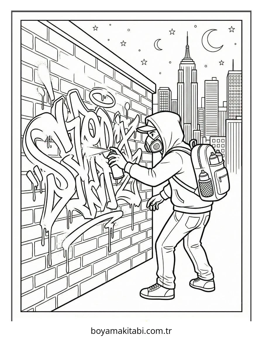 Grafiti boyama sayfası – sanatsal çalışma, çocuklar için