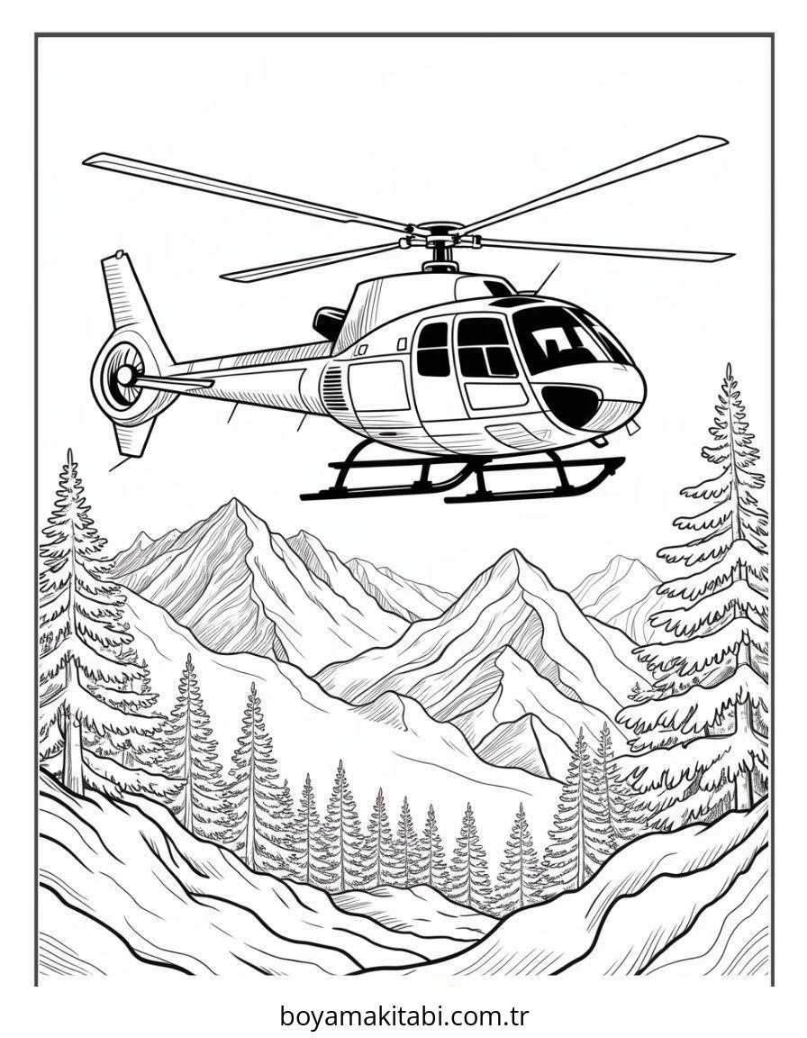 Helikopter boyama sayfası – çocuk aktivitesi, PDF indir