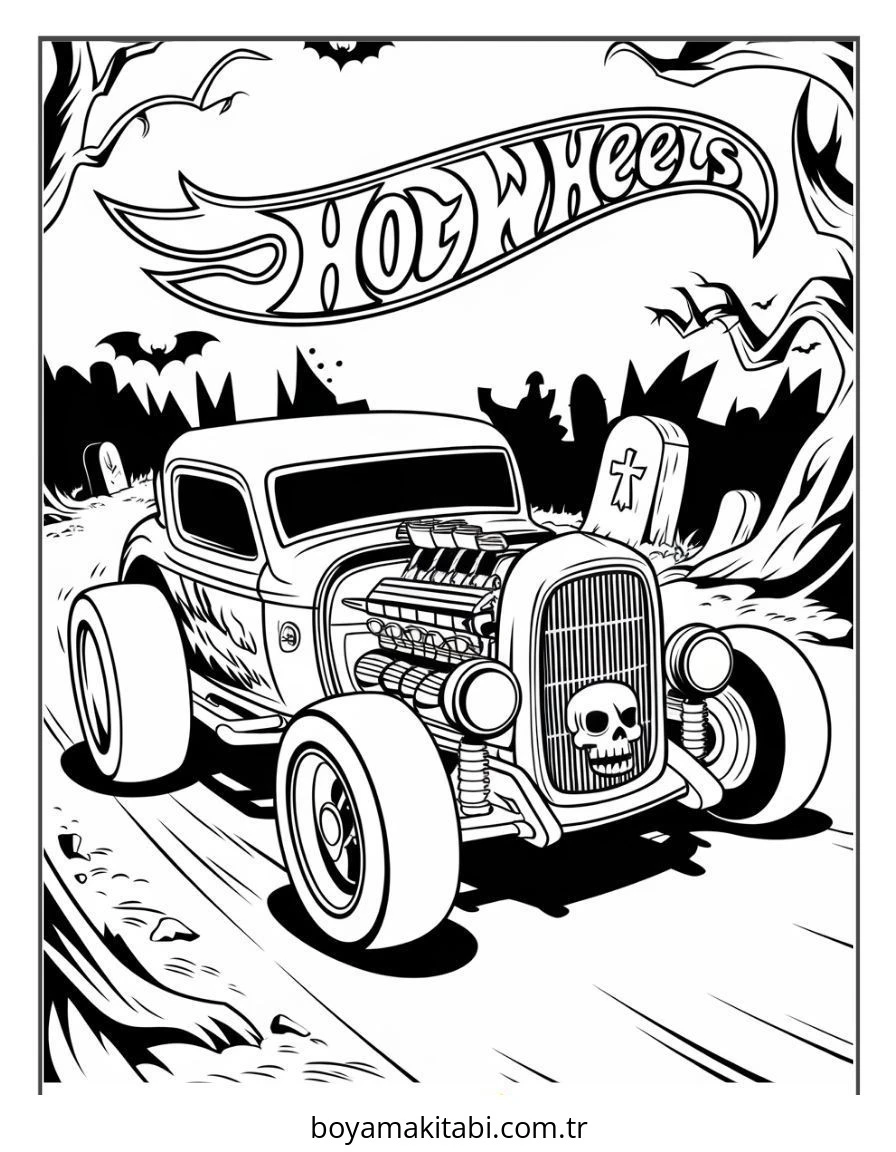 Hot Wheels boyama sayfası – eğlenceli etkinlik, el becerilerini geliştirir