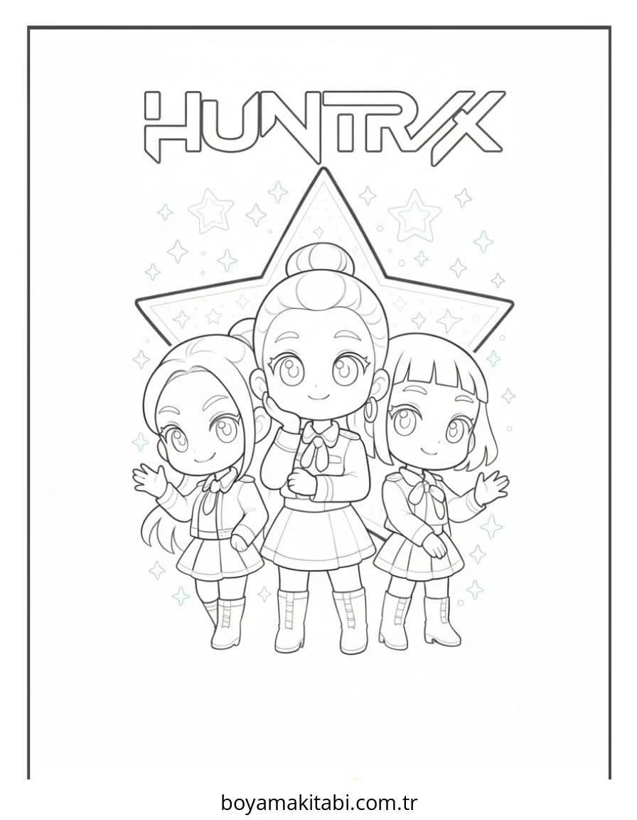 Huntrix boyama sayfası – PDF indir, sevimli karakter
