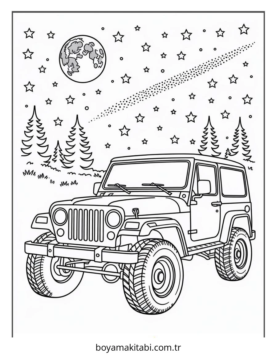 Jeep boyama sayfası – boyama etkinliği, çocuk aktivitesi