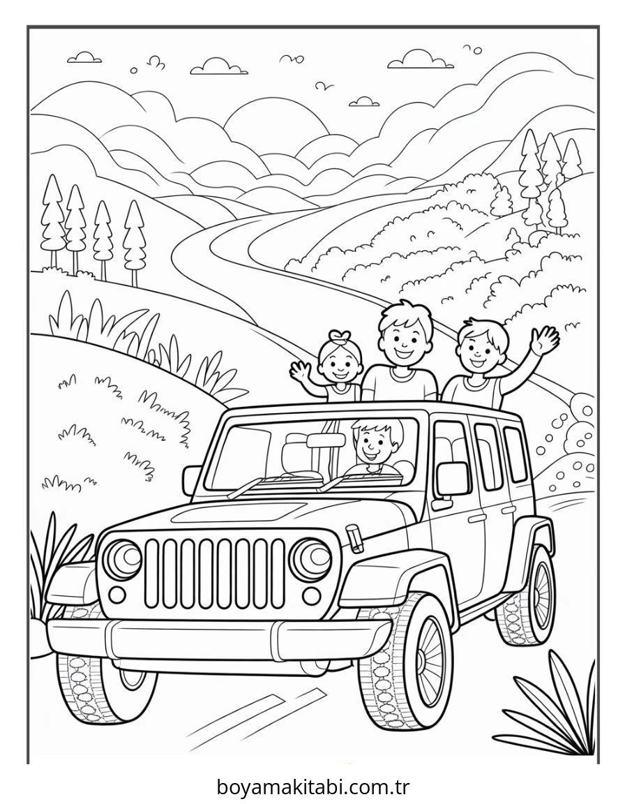 Jeep boyama sayfası – basit çizim, kolay boyama
