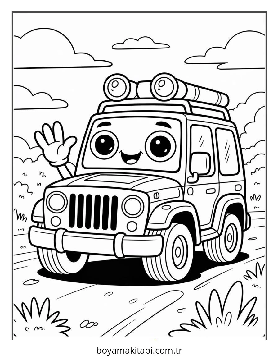 Jeep boyama sayfası – renkli çizimler, okul öncesi