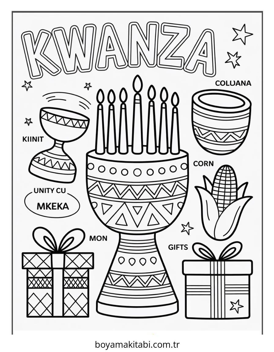 Kwanzaa boyama sayfası – renkli çizimler, okul öncesi