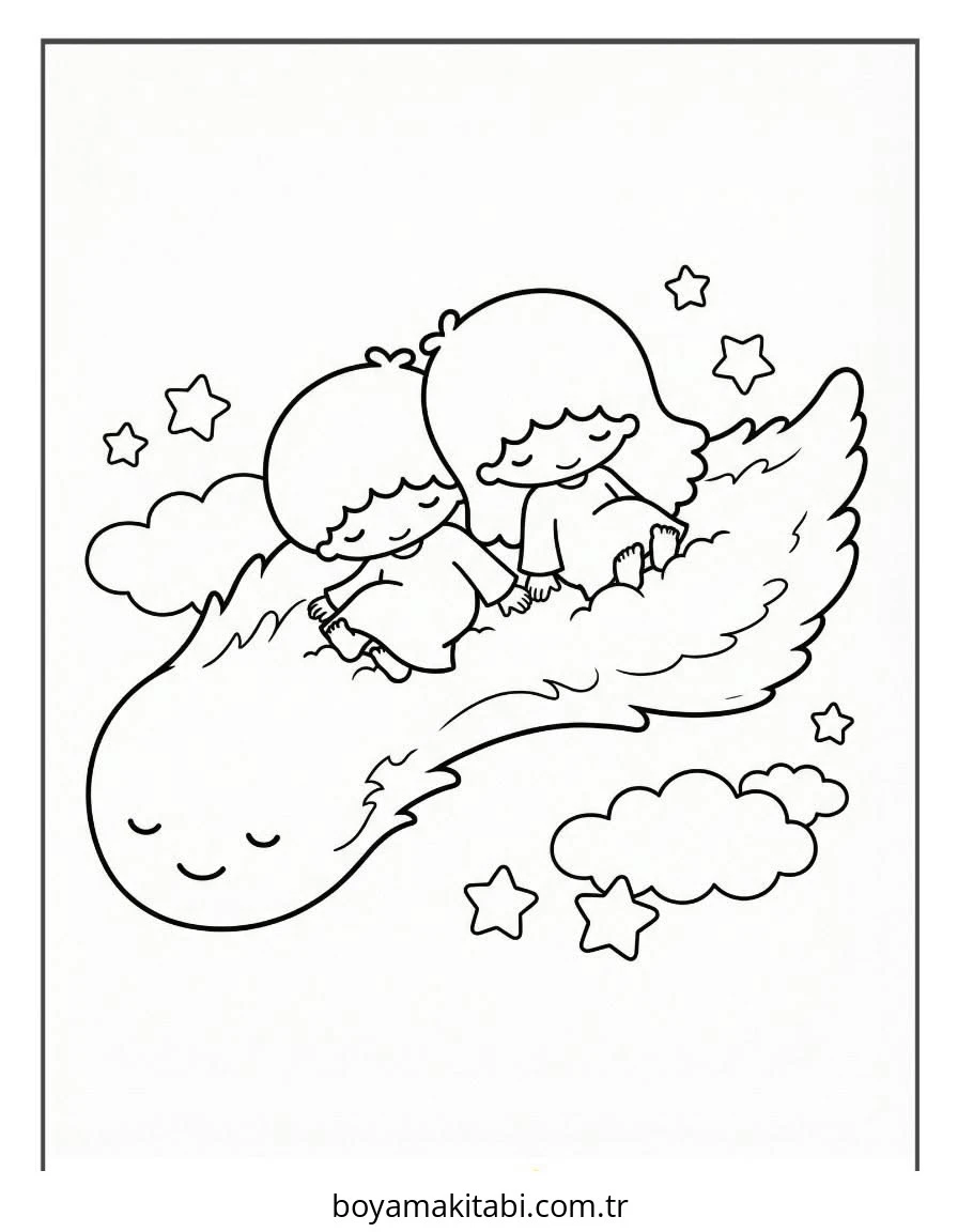 Little Twin Stars boyama sayfası – sevimli karakter, sanatsal çalışma